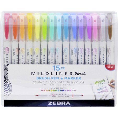 ZEBRA PEN Brush Pen and Marker, 1/2"x1/2"x5-1/2", 15/PK, Assorted PK ZEB79115